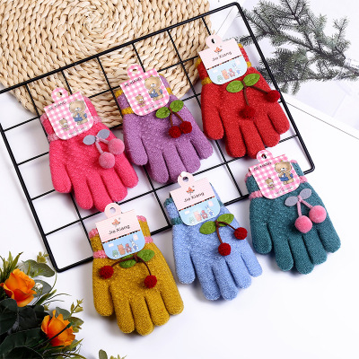 Factory Hot Sale Twill Autumn and Winter Gloves Cute Rice Grain Cherry Double Jacquard Striped Boys and Girls Warm Gloves