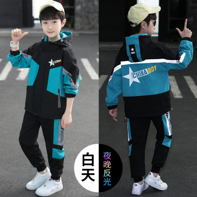 Children's Clothing Autumn New Boys' Reflective Suit Medium and Large Boys Western Style Leisure Sports Children's Two-Piece Suit Clothing