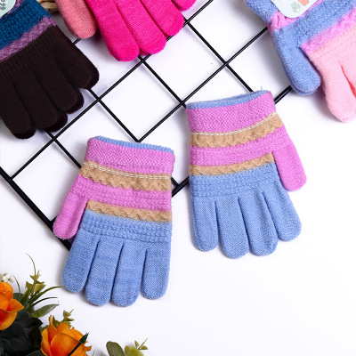 Spot Goods Autumn and Winter Finger Mixed Color Gloves Double Jacquard Striped Student Children Warm-Keeping and Cold-Proof Gloves Wholesale