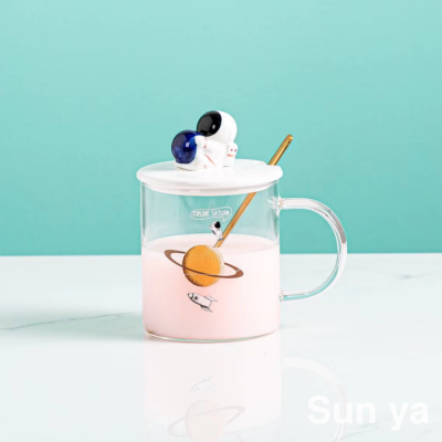 Hot Sale Cartoon Starry Sky Heat-Resistance Glass Breakfast Milk Cup with Cover with Spoon Coffee Cup Fruit Teas Water Cup