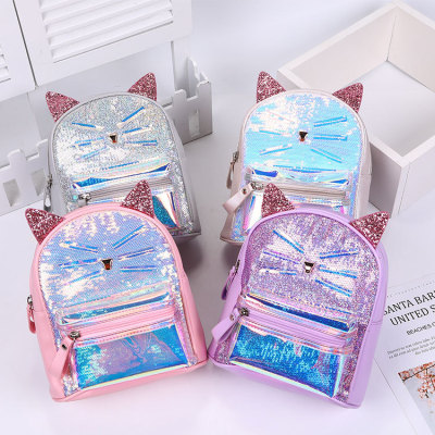 2020 New Fashion Trendy Sequined Zipper Women's Backpack Cute Cat Small Bookbag Backpack