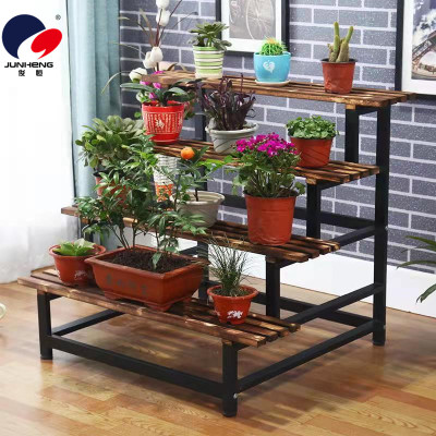 Iron Antiseptic Wood Multi-Layer Solid Wood Carbonized Balcony Flower Stand Ladder Floor Flower Stand Green Radish Succulent Plant Shelf