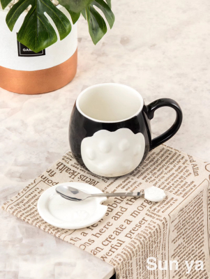 Hot Sale Cartoon Porcelain Cup Cat's Paw Creative Glass with Cover with Spoon Coffee Cup
