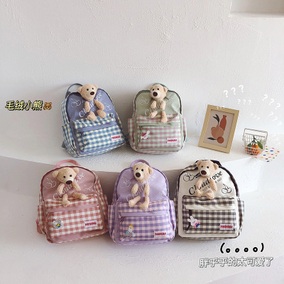 Primary School Student Schoolbag Cartoon Cute Plaid Bear Backpack Female Korean Kindergarten Large-Capacity Backpack Wholesale