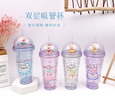 Manufacturer Internet Celebrity Double Layer Cartoon XINGX Shimmering Powder Sequins Cup Ice Cream Milk Tea General Creative Cup with Straw