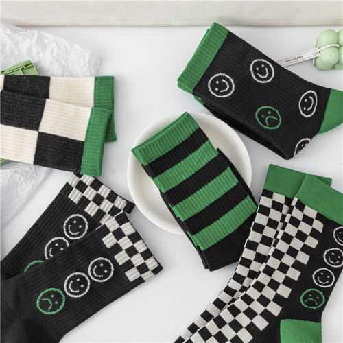 Chessboard Plaid Socks Green Trendy Ins Tube Socks Women‘s Street Sports Smiley Face Black and White Plaid Personality Striped Couple