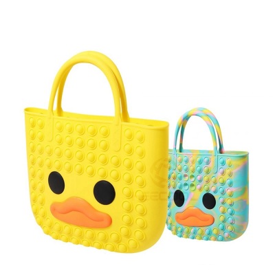 Cartoon Party Fidgets Shopping Hand Bags Kids Silicone Tote Bags Yellow Ducky Push Bubble Sensory Fidget Handbag