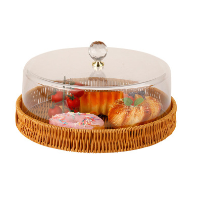 Transparent Food Cover Acrylic Bread Cake Cover Rattan Bottom Hotel Dustproof Cover Dining Table Display Food Cover