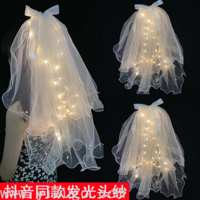 Children's Veil Night Market Luminous Bow Bridal Hair Accessories Internet Celebrity Veil Led Princess Super Fairy Ribbon Lights Wholesale