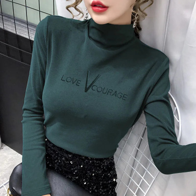 Early Autumn Western Style Ins Dralon Bottoming Shirt Women's Winter Slim Embroidered Half-High Collar Long Sleeves T-shirt Women's Inner Wear Blouse Fashion