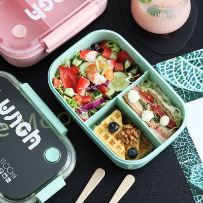 Wheat Large Capacity Lunch Box Microwave Heating Lunch Box Three-Grid Separated Student Bento Box Office Workers