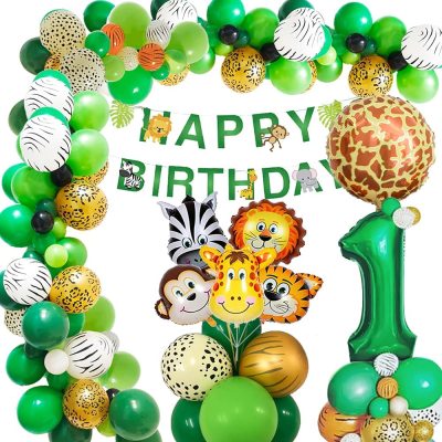 Jungle birthday decoration animal head aluminum foil balloon 12 inch green latex balloon happy birthday decoratio