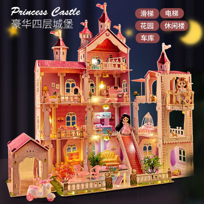 Creative girl assembling big villa children's play house simulation toy DIY doll house