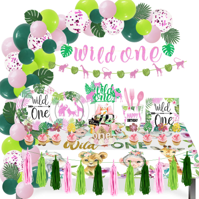 new Jungle Theme Wild One Party Supplies Wild One Balloon Banner Paper String Cake Topper Baby Girl Birthday Decoration 