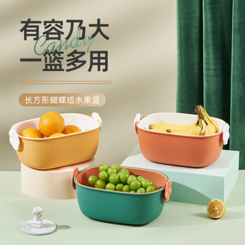 Nordic Double-Layer Washing Vegetable Basket Internet Celebrity Contrast Color Fruit Basket Kitchen with Lid Plastic Water Filter Basket Creative Multi-Purpose Drain Basket