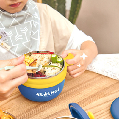 304 Stainless Steel Children's Tableware 3-Piece Set Water Injection Baby Dining Bowl Double Handle Hand Baby with Tableware Fork Spoon