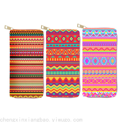 New Ethnic Style Pu Long Zip Wallet Flower Wallet Printing Pattern Single-Pull Bag Women's Wallet Women's Custom