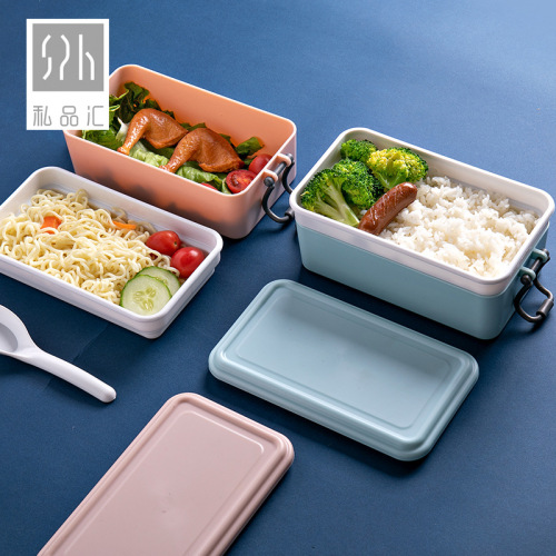 Rectangular Porcelain-like Lunch Box round French Blue Lunch Box Double-Layer Compartment Children‘s Insulated Lunch Box Microwave-Free 