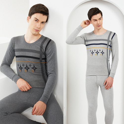 jacquard men‘s autumn clothes long pants suit cotton round neck thin cotton bottoming thermal underwear two-piece set