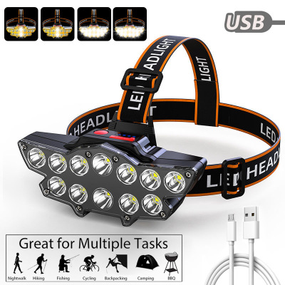 Cross-Border 12led Head-Mounted Flashlight Headlight Outdoor Night Fishing Waterproof Charging Miner's Lamp Major Headlamp Wholesale