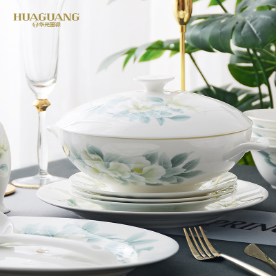 Huaguang National Porcelain Qingqiu Elegant Bone China Tableware Set High-End Gift Box