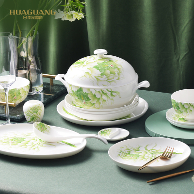 Huaguang National Porcelain Antibacterial Bone China Spring Garden Tableware Set Tea Set Gift Box