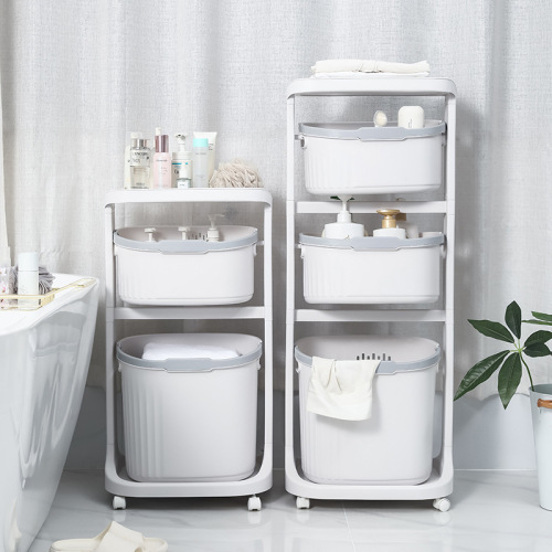 household multi-layer bathroom storage rack with pulley rotating bathroom floor storage basket multifunctional laundry basket