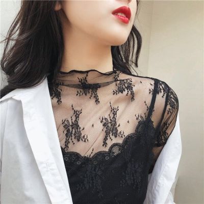 Super Fairy Lace Bottoming Shirt for Women Spring and Autumn New Long Sleeve Sexy Cutout Mesh Top Half Turtleneck Lace Shirt