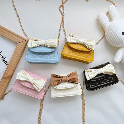2021 Autumn and Winter New Children's Bags Korean Version of Chanel's Style Crossbody Bag Bow Rhombus Embroidery Thread Chain Bag Wholesale