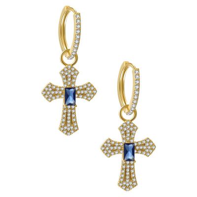 Cross-Border New Arrival Sapphire Cross Earrings 18K Gold Color Protection Ornament Micro Inlaid Zircon Ear Ring European and American Style