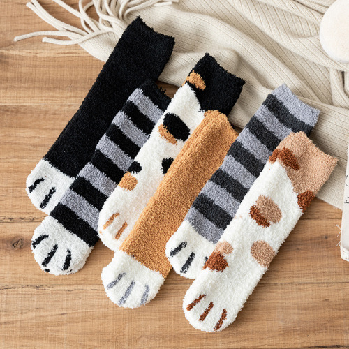 Plush Coral Velvet Socks Women‘s Mid-Calf Socks Autumn and Winter Cat Claw Cute Thickened Warm Sleep floor Sleep Socks