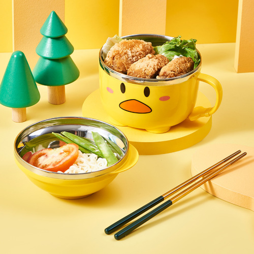 new 304 stainless steel small yellow duck instant noodle bowl double-layer portable fast food cup large capacity student dormitory instant noodle bowl