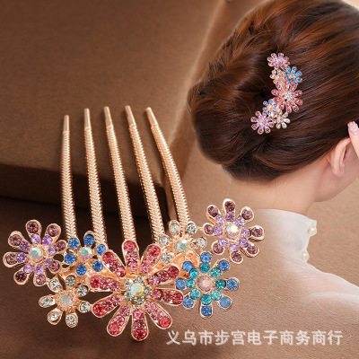 Factory Wholesale Flower Rhinestone-Embedded Electroplated Alloy Hair Comb Two Styles Various Colors Simple Independent Packaging Ladies