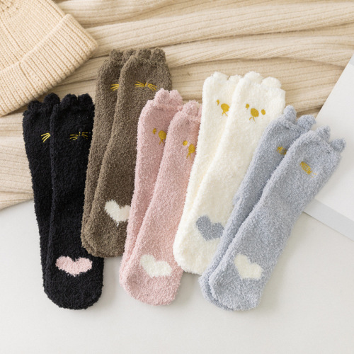 Autumn and Winter Coral Velvet Embroidered Home Socks Cute Cat Claw Mid-Calf Sleeping Socks Three-Dimensional Ears Room Socks