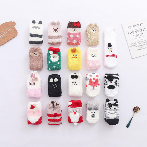 Amazon New Cartoon Embroidered Coral Fleece Socks Autumn and Winter Thickened Floor Socks Korean Cute Pet Mid-Calf Socks