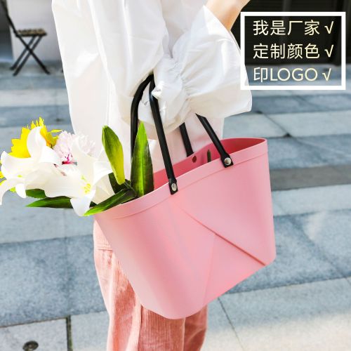 Hand-Holding Gift Bag Basket Picnic Basket Picnic Bag Vegetables Basket Flower Basket Plastic Shopping Basket Leather Pattern Fashion Sundries Storage Basket