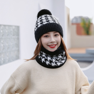 Hat Women's Autumn and Winter Korean Style Internet Celebrity Fleece-Lined Thickened All-Matching Hat Knitted Hat Houndstooth Wool Knitted Protective Bandana