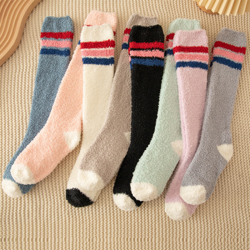 Korean Preppy Style Striped Color Matching Calf Socks Thickened Coral Fleece Socks Autumn and Winter Comfortable Breathable Sleep Socks 