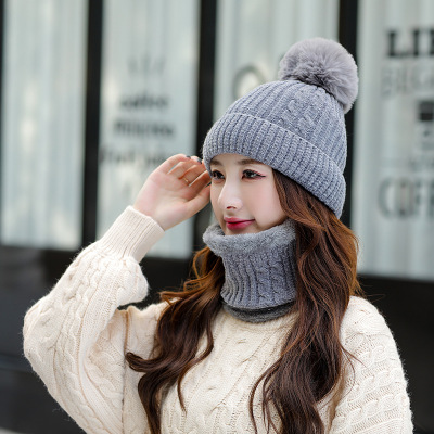 Hat Women's Autumn and Winter Korean Style Internet Celebrity Fleece-Lined Thickened All-Matching Hat Knitted Hat Solid Color Woolen Knitted Cap Neck Protection
