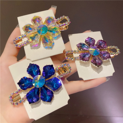 Exquisite Austrian Elements Flower Crystal Barrettes Ding Clip Rhinestone High-End Headdress 8cm Flower Spring Clip Duckbill Clip