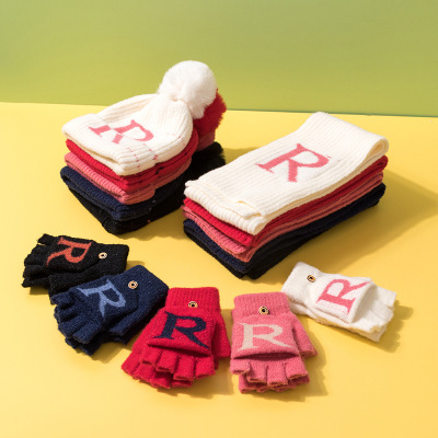 Letters Hat Scarf Gloves Three-Piece Set 2021 Winter New Fleece-Lined Warm Winter Three-Piece Set 3-10 Years Old