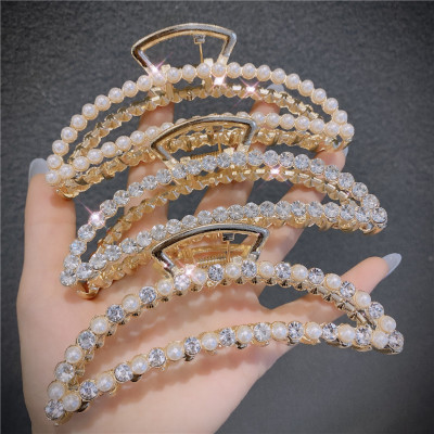 Korean Ins Elegant Clip Headdress Hairpin Back Head Grip Temperament Girl Large Rhinestone Pearl Shark Clip