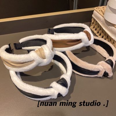 Korean Fluffy Hair Band Women's Autumn and Winter Chanel-Style Hair Accessories Internet Celebrity Wide Edge Knot Hairpin New Color-Blocking Headband Wide Edge