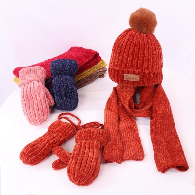 20 Winter New Children's Hat Scarf Gloves Three-Piece Set Male and Female Baby Thickened Warm Chenille Woolen Cap