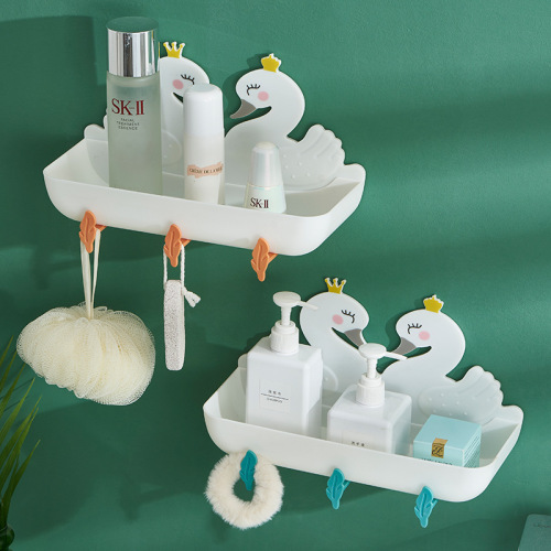 new wall-mounted storage rack bathroom cosmetics punch free storage rack cartoon swan plastic storage box