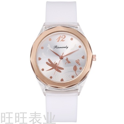 New Ladies Watch Fashion Silicone Strap round Dial Dragonfly Printed Pointer Quartz Watch Formal Dress Accessories reloj