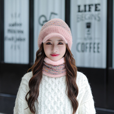 Hat Female Winter Duck Tongue Woolen Cap Versatile Fashion Trendy Cute Fur Ball Warm Ear Protection Knitted Hat Scarf Cotton-Padded Cap