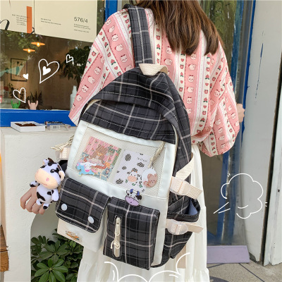 Foreign Trade Wholesale New Canvas Backpack Female Korean Harajuku Middle School Students' Backpack Japanese Style Plaid Schoolbag Can Be Sent on Behalf