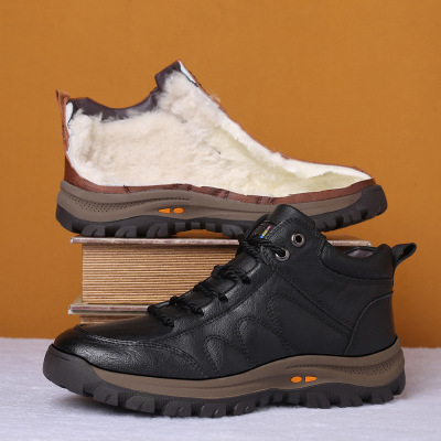 2020 New Winter Wool Men's Cotton-Padded Shoes Fleece-Lined Warm Outdoor Men's Hiking Shoes Ankle Boots Casual Leather Boots Men
