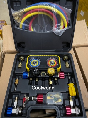 R22,R32,R410,R134a car A/C,home A/C manifold gauge set with 1.5m r410a charging hose quick coupler Freon can tap